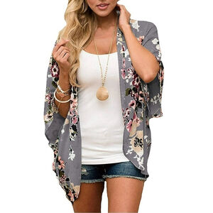 Floral Chiffon Kimono Cardigan Short Sleeve Loose Beach Wear Cover Up Blouse XXL